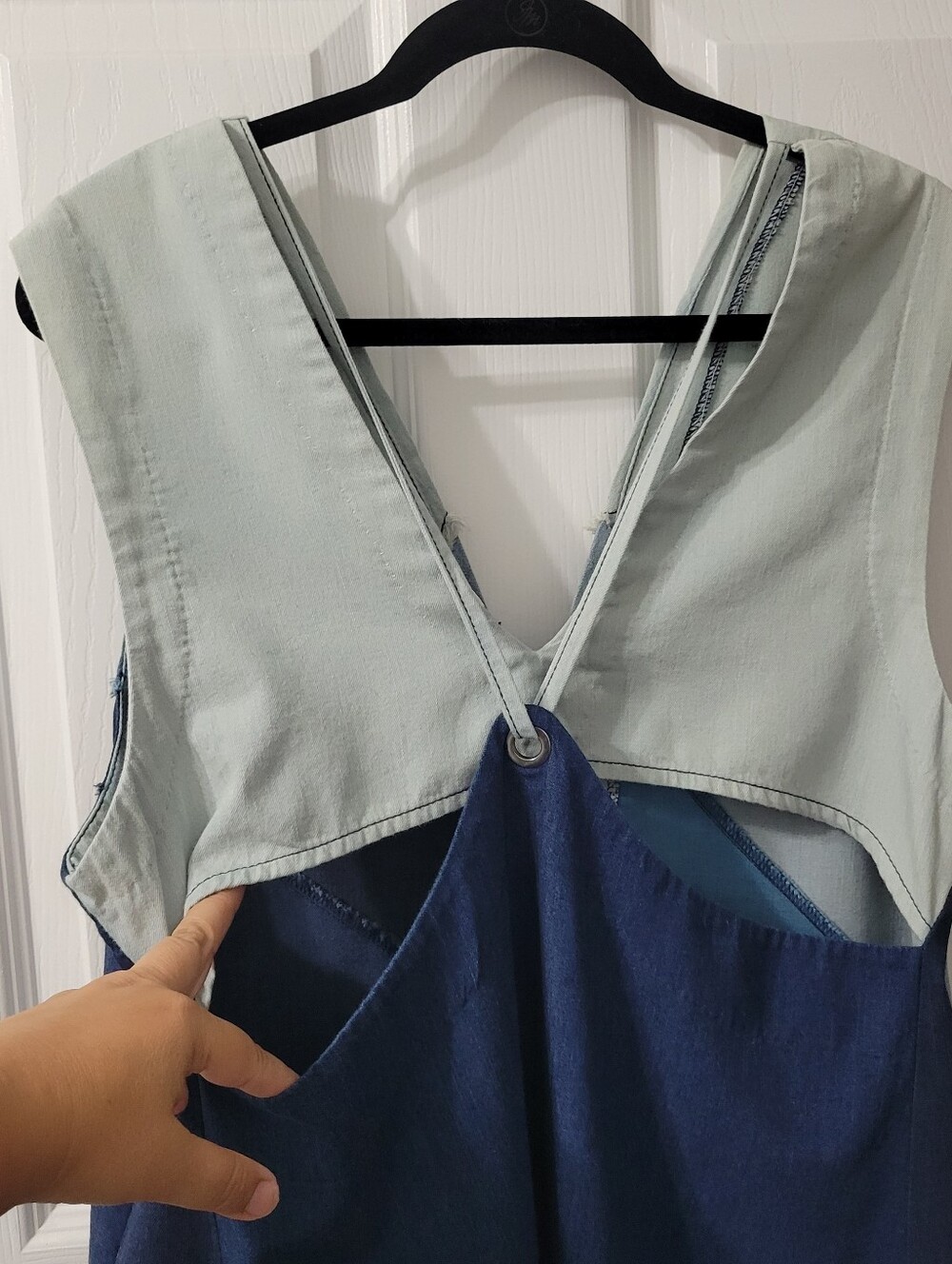 Free People Sleeveless V-Neck Colorblock Denim Dress in Mint and Blue Shades - Picture 6 of 13